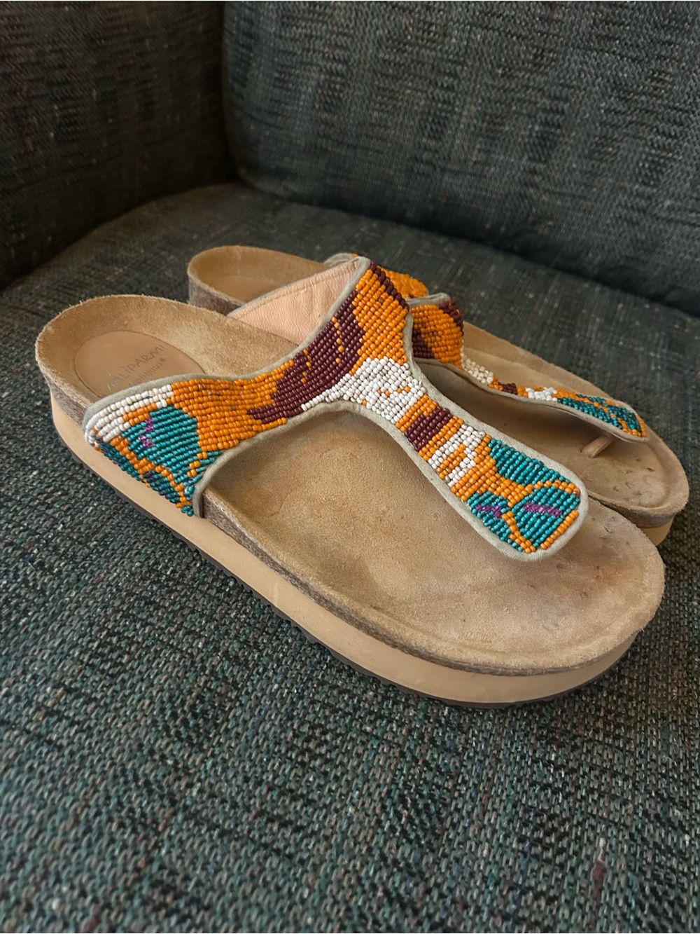 Maliparmi colorful beaded Sandals with Orange, Teal & White Beadwork 39. 8.5